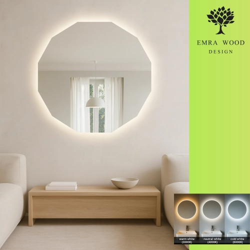 Lustro GOLDEN LUX – eleganckie lustro LED do łazienki w nowoczesnym stylu z podświetleniem i złotą poświatą | Geometryczny kształt, montaż na ścianę